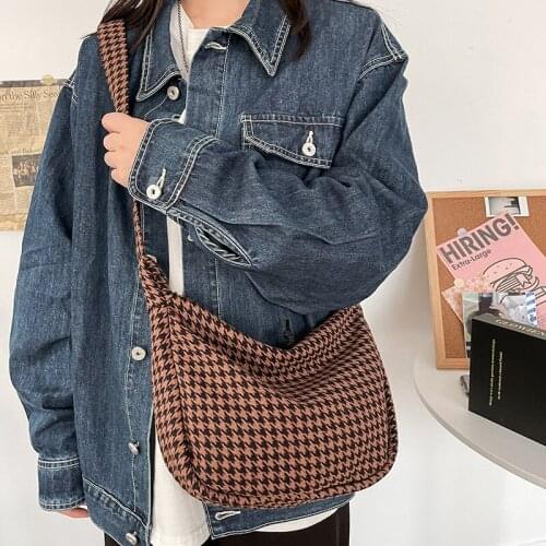 Vintage Students Canvas Houndstooth Shoulder Bags Female Handbags Korean Satchel Cotton Cloth Crossbody Bag Women School Bag