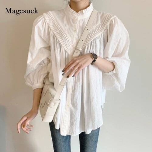Korean Oversize Blouse Women Stand Up Collar Chic Pleated Loose Lantern Sleeve Shirt Lady Casual Vintage Top Blusas Mujer 13141