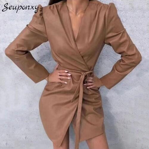 High Quality 2021 Spring Pu Leather Elegant Womens Slim Coat Sexy V-neck Long Sleeve Lace-Up Celebrity Party Fashion Jacket