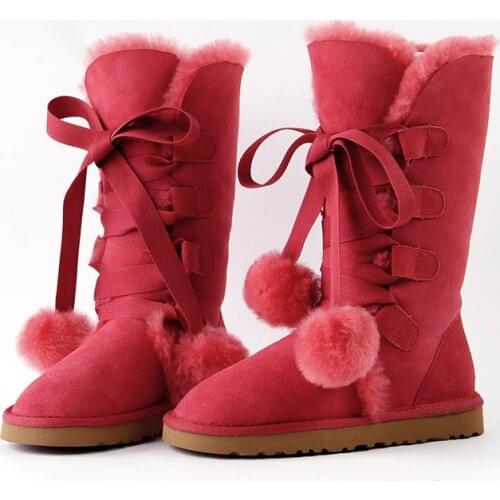 New Top Fashion Women Genuine Sheepskin Leather Snow Boots 100% Natural Fur Boots Warm Wool Winter Boots Woman Long Boots