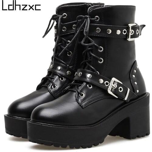 LDHZXC Sexy Rivet Autumn Boots Women Platform Boots Black Leather Gothic Punk Style Combat Boots For Women Mid Heels Comfortable