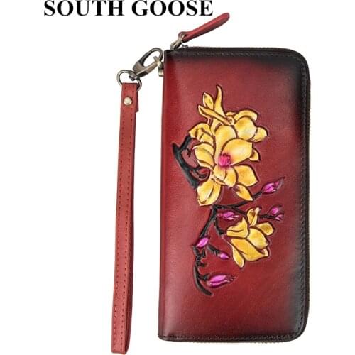 SOUTH GOOSE Genuine Leather Women Wallet Female Luxury Long Clutch Bag Flower Embossing Coin Card Purse Lady Handy Travel Wallet
