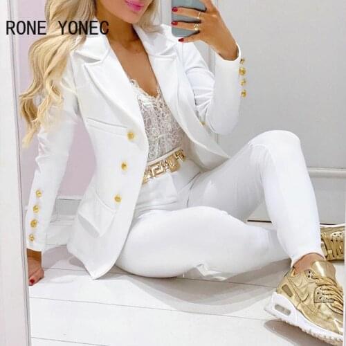 Women Solid Elegant button and pocket Notched Collar Skinny White Blazer Sets