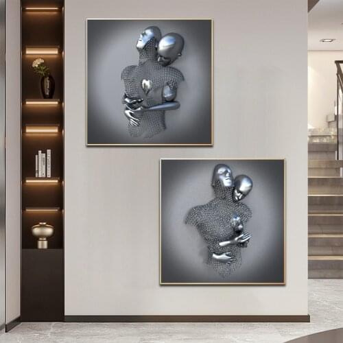 Abstract Metal Figure Statue Lover Sculpture Wall Art Posters and Prints Canvas Painting Picture for Living Room Home Decoration