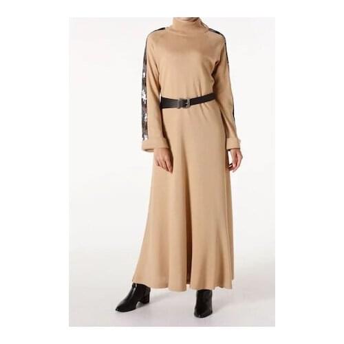 Beige Sleeve Sequined Arched Knitwear Dress