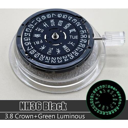 Seiko Black Day/Date Wheel NH36A Mechanical Watch Movement with Luminous Display Dial 3.8 O'Clock Crown Top Watch Accessories