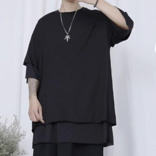 Trendy hair stylist mid-length t-shirt male large size loose short-sleeved Yamamoto dark design double-layer five-point sleeve T
