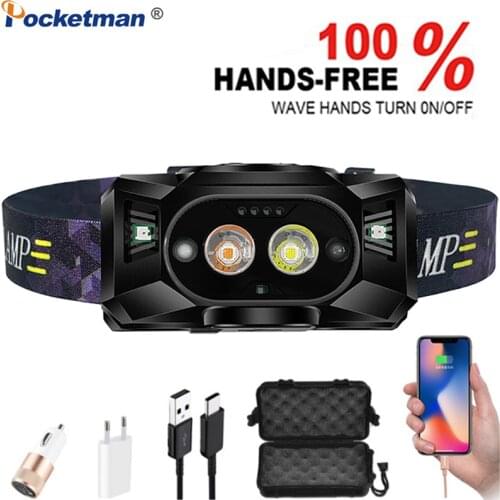 Body Motion Sensor Headlamp Induction Headlight USB Rechargeable Head Front Light Waterproof Head Torch Camping Head Lamp