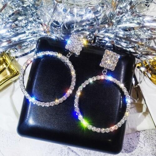 JXCUL Fashion Shining Circle Drop Earrings Precision Inlay Gold Silver Color Rhinestone Earrings for Women Wedding Party Jewelry