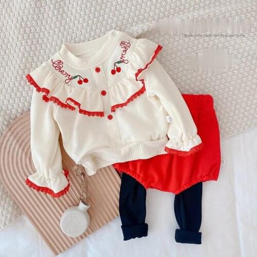 Spring Autumn Baby Girls Cute Fruit Embroidery Fake Two-piece Suit