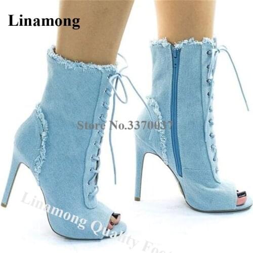 Linamong Fashion Peep Toe Stiletto Heel Short Denim Boots Lace-up Light Dark Blue High Heel Ankle Booties Motorcycle Boots