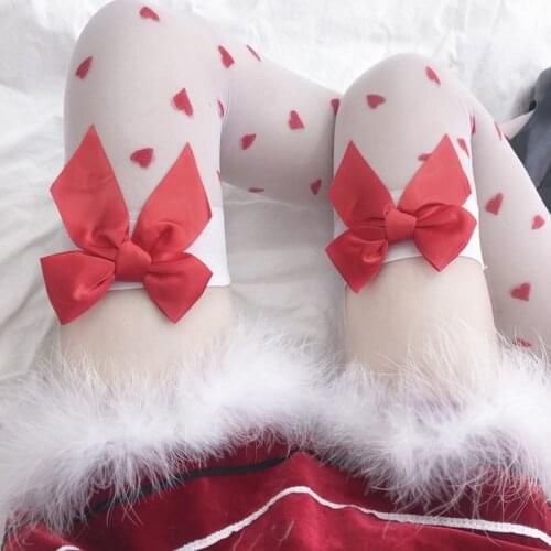 Pure Lovely Red Bow Over Knee HIgh Socks White Tigh High Heart Stockings Cute Transparent Sexy Lolita Socks Silk Stocking 2021