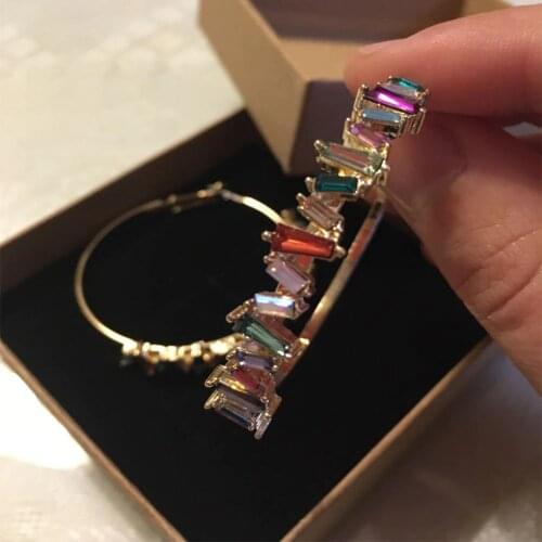 New Arrival Gold color Multi Color Baguette Rhinestone Statement Hoop Eearrings for Women Party Box Packing Accessory Gift