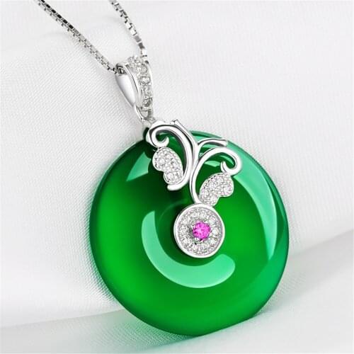 Big green jade emerald gemstones pendant necklace for women silver color white gold chain zircon diamonds jewelry gift