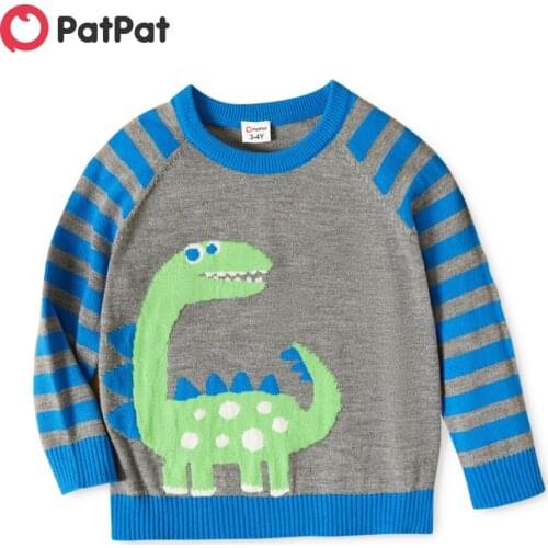 PatPat Toddler Boy Animal Dinosaur Embroidery Striped Colorblock Sweater
