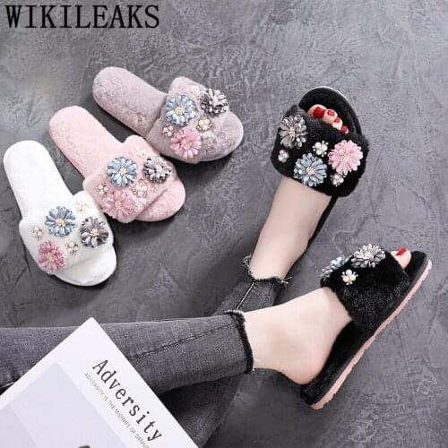 Fluffy designer slippers ladies indoor slippers home shoes spring plush winter bedroom flat slippers flats shoes women тапочки