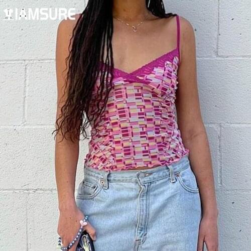 IAMSURE Sexy Slim Folds Lace Trim Camis Holiday Plaid Printed Deep V-Neck Sleeveless Tank Tops Women 2021 Casual Y2K Streetwear