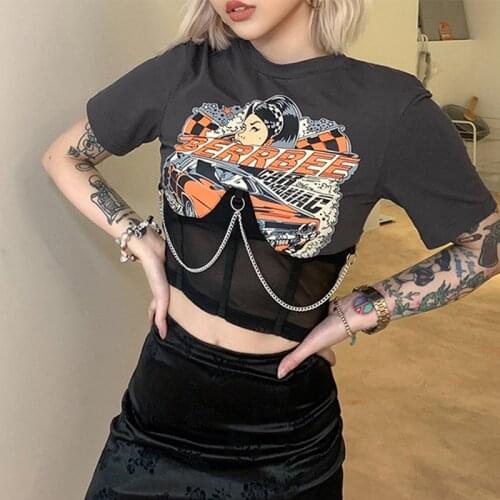 Gothic Chain Tops Summer Punk Style Black Patchwork Crop Tops Harajuku Vintage Bodycon Cartoon Print T Shirt