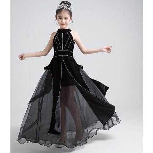 Party Princess Girl Dress Elegant Black With Lace Wedding Flower Dresses Evening Prom Girl Summer Sukienki Clothes AE50GD