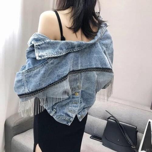 Fringed Denim Jacket Women Spring Autumn New Korean Style Split Loose Bat Sleeve Tassels Jeans jacket shorts 2021 Femme Coat