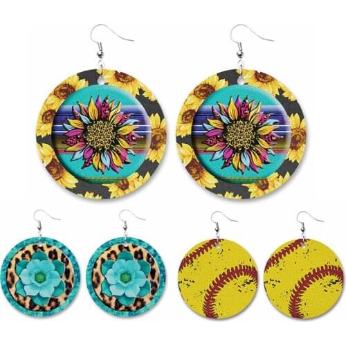 Patches Softball Baseball Sunflower Teal Floral Printed Dangle Drop Earrings for Women Latest Trendy Fashion Accessories
