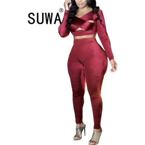 2021 Hot Recommend Style Sexy Club Two Piece Outfits Women Clothing Sets Fall Long Sleeve Crop Tops High Waist Pencil Pants