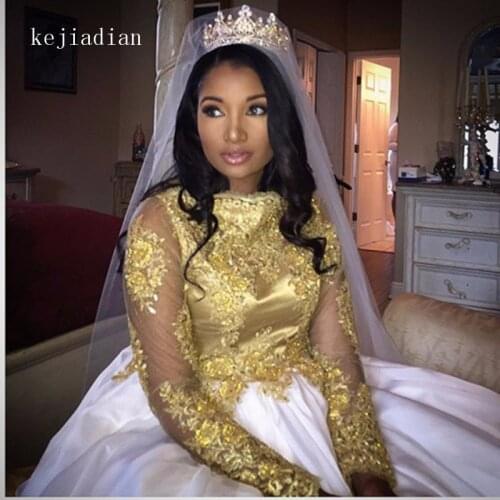 Gold And White Muslim wedding Dress Turkish Islamic Women Bridal Gown Saudi Arabia Long Sleeve Bridal Dresses Robe De Mariage