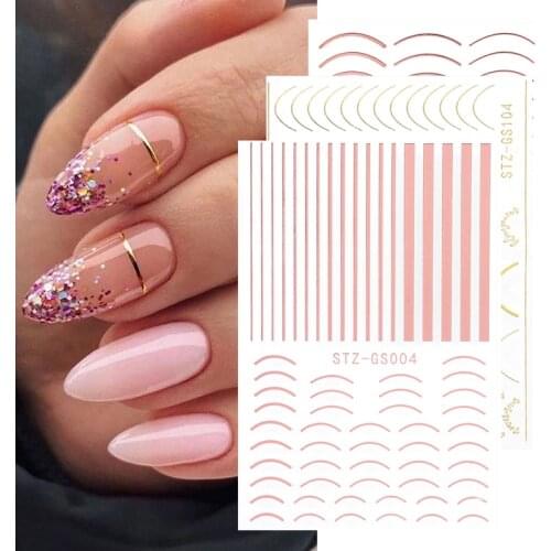 Gold Lines Nail Stickers DIY 3D Rose Gold Metal Stripe Lines Letters Decals Curve Nail Art Decals Self Adhesive Nail Decoration
