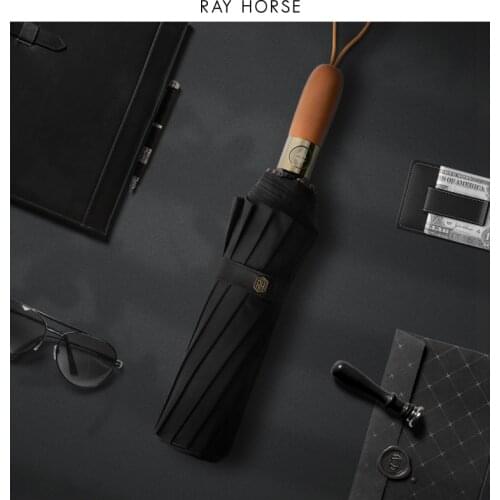 RAY HORSE 12K Pongee Cloth Wooden 3 Folding Sunny and Rainy Umbrella Men Women Gifts Rainproof