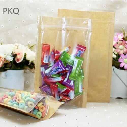 100pcs 6 Sizes Zip lock Kraft Paper Bag Front Clear Plastic Window Stand up Storage Bag Dried Food Fruit Tea package Pouches 5.2