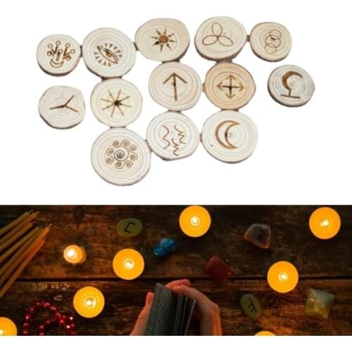 13Pcs/Set Handmade Wooden Viking Natural Runes Kit Symbols Beads Gypsy Rune Divination Sign Wizard Ritual Props With Cloth Bag
