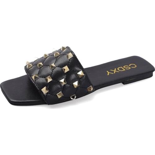 2021 Street Style Rivets Women Flat Heels Slippers Luxury Design Pu Leather Slides Flip Flops Woman Mules Shoes Plus Size