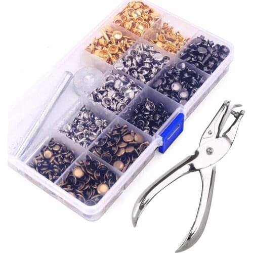 240/360/480Pcs Leather Rivets Double Cap Rivet Tubular Metal Studs with Punch Pliers Fixing Tools for DIY Leather Craft Clothing