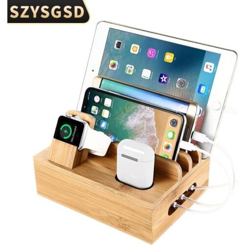 Bamboo Charging Organizer Cord for iPhone iwatch Airpods Desk Wood Docking Stations Electronic Organizer for Cell Phone Tablet