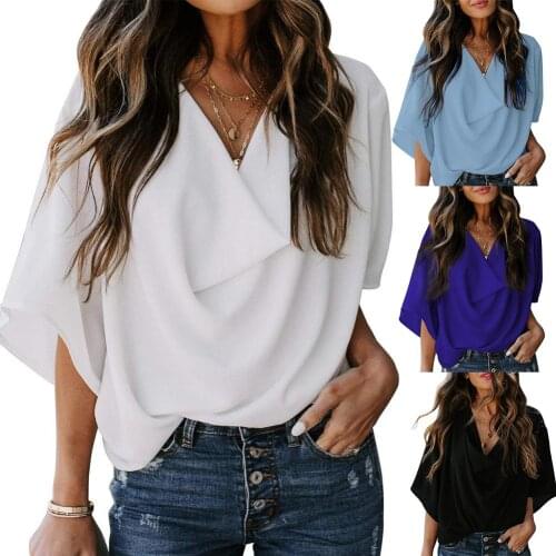 Tops Women Blouses Fashion Solid Color Half Sleeve V Neck Draped Front Shirt Blouse блузка женская ropa de mujer 2020