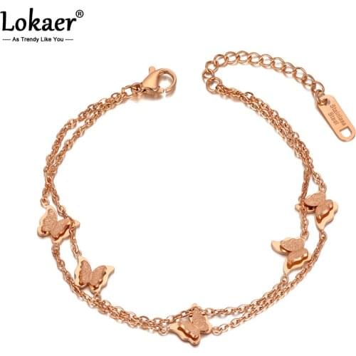 Lokaer Bohemia Titanium Stainless Steel Butterfly Charm Bracelet For Women Double Layer CZ Crystal Beach Bracelet Jewelry B20084