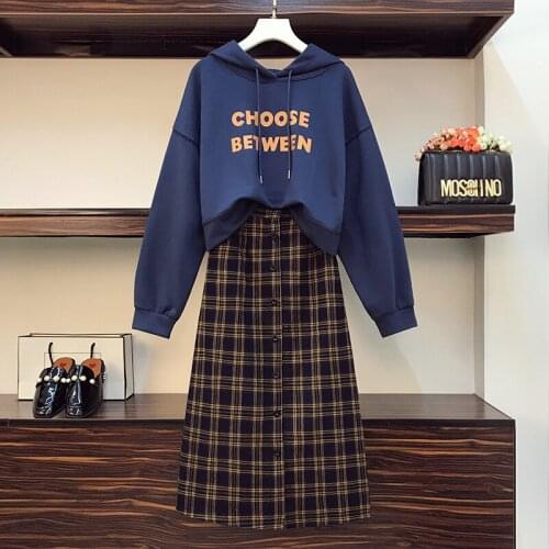 Autumn winter plus velvet thick pullover sweater + plaid woolen skirt two-piece suit fashion survetement femme 2 piece