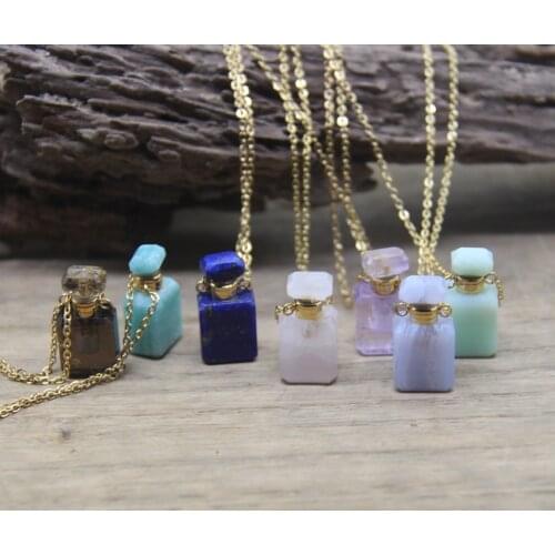 Mini Rectangle Crystal Perfume Bottle Pendants Chains Amazonite Lapis Amethysts Essential Oil Vial Charm Necklace Jewelry QC1019
