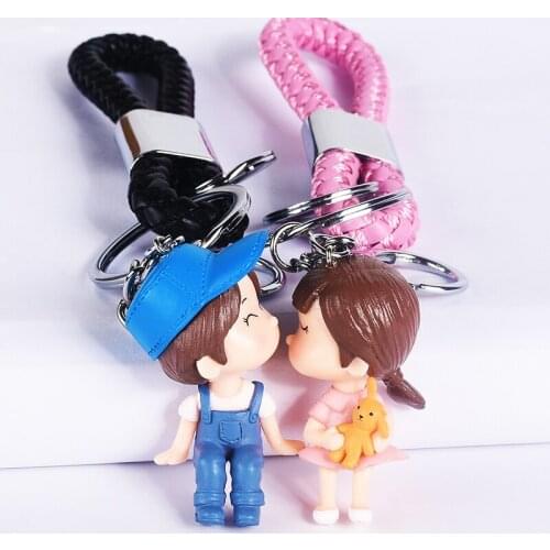 Cartoon Handmade Lover Gifts Valentines day Keychain Doll Leather Rope Key Ring Women Car Purse Key Chains Trinkets d183