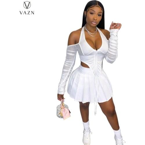 VAZN 2021 New Hollow Out Sexy Club White Asymmetrical Off Shoulder Full Sleeve High Waist Mini Skirts Skinny Women 2 Piece Set