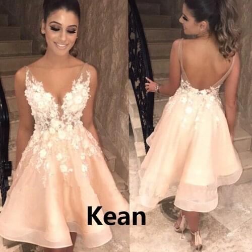 Spaghetti Straps Peach Homecoming Dresses v-neck Backless Flower A-Line Above Knee, mini vetidos Elegant Cocktail Dresses