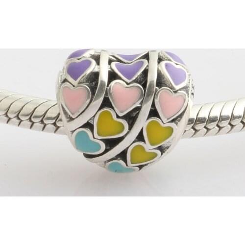 Authentic S925 Silver Bead Charm Multi-Color Hearts Charm Mixed Enamelfit Lady Bracelet Bangle DIY Jewelry