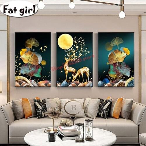 Full Square Diamond Painting Ginkgo Biloba, Elk Moon Embroidery Full Display Diamond Mosaic Round Drill Crafts Kit 3 Piece Set