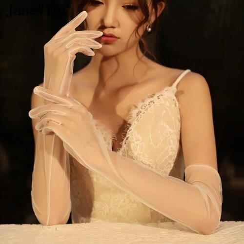 JaneVini 2021 Simple Cheap White Bridal Party Gloves for Wedding Prom One Size Elbow Length Tulle Elegant Women Gloves Hot Sale