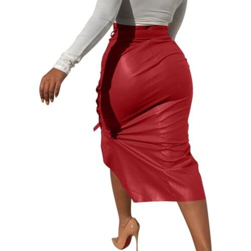 Sexy Women Skirts Autumn Winter Faux Leather Bandage Button Bodycon Split Midi Skirt Women dresses summer 2021 Скураная спадніца