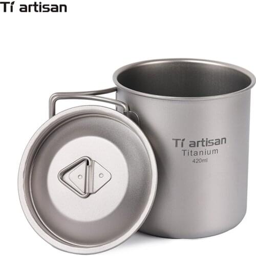 Tiartisan 420ml Drinkware Coffee mug Pure Titanium Outdoor Camping Foldable Handle lightweight Cup Portable
