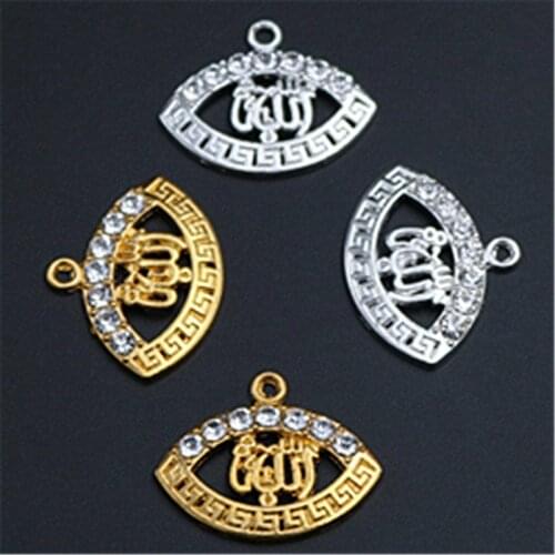 WKOUD 6pcs Silver Color/Gold Handmade Rhinestone Islamic Allah Charm Religious Necklace Bracelet DIY Jewelry Alloy Pendants