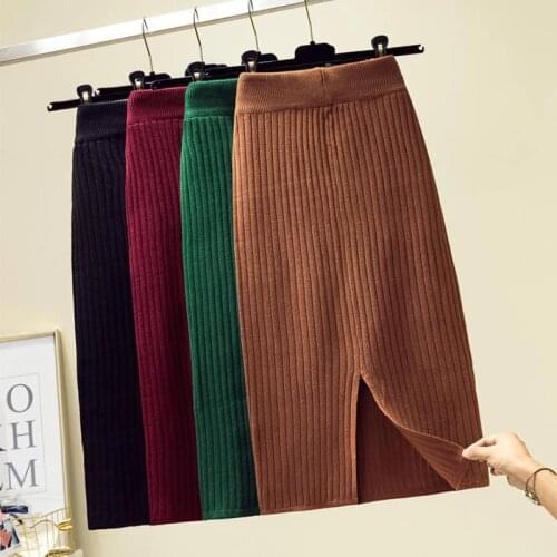 High Waist Pencil Skirts Women 2020 Autumn Winter Warm Ribbed Split Elegant Knitted Midi Skirt Black Solid Ladies Office Skirts
