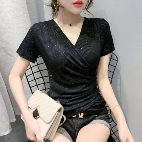 2021 Summer New Slim Cross V-neck Single-breasted Short-sleeved T-shirt Female Ins Top