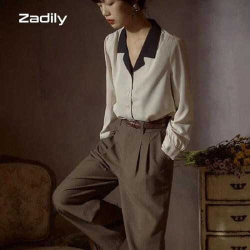 Zadily Chic Vintage Long Sleeve Chiffon Work Shirt Women 2021 Autumn Patchwork Notched Neck Ladies Blouse Office Lady Clothing